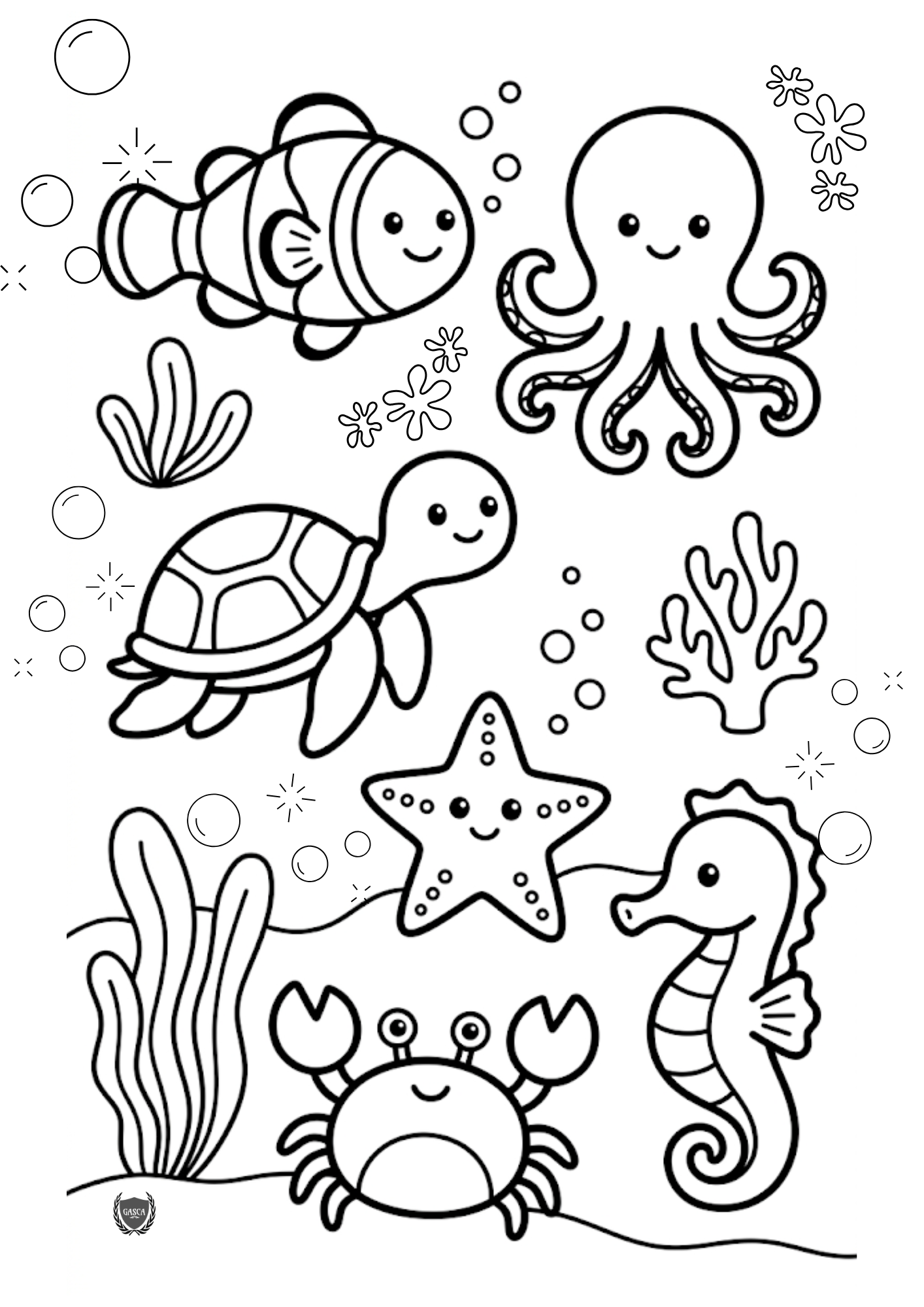 海底世界填色圖案一：小丑魚、八爪魚、海龜與海星